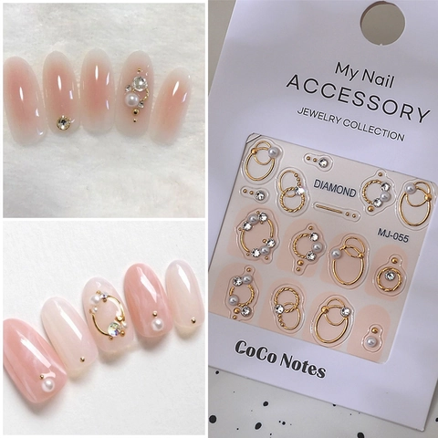 3D Embossed Nail Art Stickers Rhinestone Faux Artificial Pearl Metal Alloy Ring Waterproof Self-Adhesive Decals Elegant Jewelry