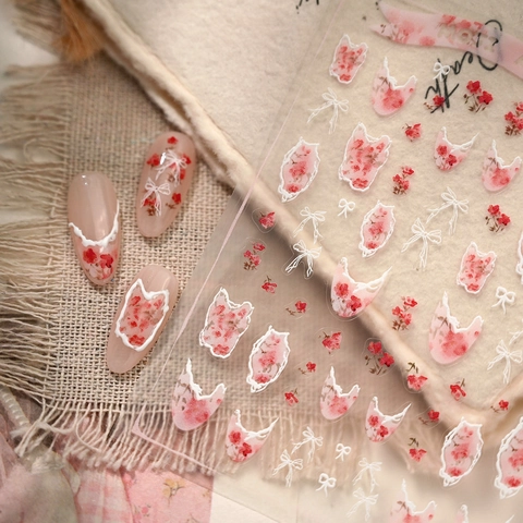Nail Art Stickers French Retro Red Floral Rose White Bows 3D Self Adhesive Manicure Decals For DIY Decoration