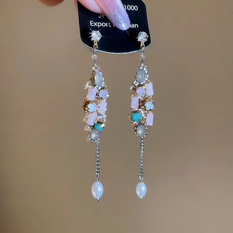 Eleganti Orecchini Lunghi A Nappa Con Perno In Argento Sterling 925 Cristallo Colorato Strass Perla Artificial Per Donne