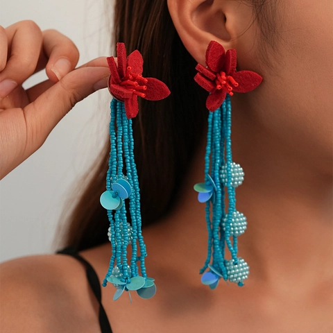 Bohemian Flower Long Tassel Earrings For Women Color Blocking Seed Bead Fabric Jewelry With Silver Earring Post