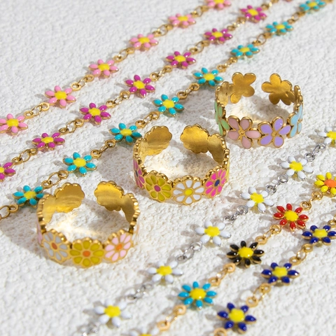 Bracciale in Acciaio Inossidabile con Margherita e Smalto per Donna Placcato Oro Argento Gioielli di Moda Dolce Catena Regolabile Regalo