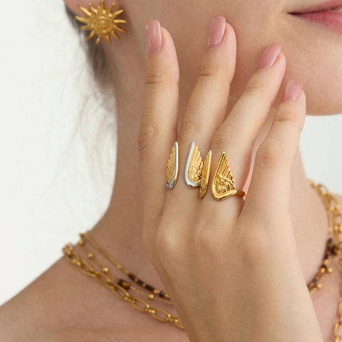 Bague Ouverte Ailes D'ange Acier Inoxydable Plaqué Or 18K Ajustable Imperméable Hypoallergénique Bijoux Mode Femmes Hommes