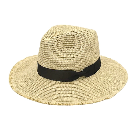 Cappello Fedora Di Paglia Panama Con Fiocco In Nastro Nero Bordo Sfrangiato Tesa Larga Estate Spiaggia Protezione Solare