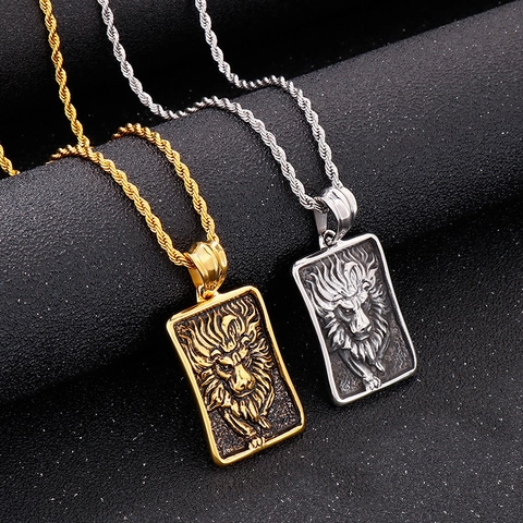 Lion Head Pendant Necklace Stainless Steel Hip Hop Punk Retro Embossed Square Tag Jewelry For Men