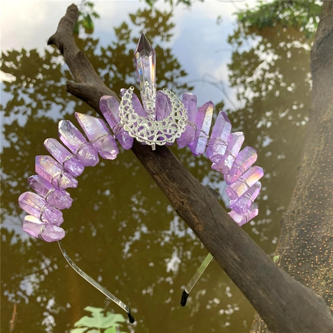 Diadema De Corona De Cristal Natural Con Luna Hueca Aleación De Zinc Tiara Bohemia Mística Accesorios Para El Cabello