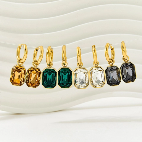 Vintage Luxe Smaragd Geslepen Zirkoon Hoop Oorbellen Roestvrij Staal Verguld Rechthoekige Kristallen Hanger Sieraden Voor Dames