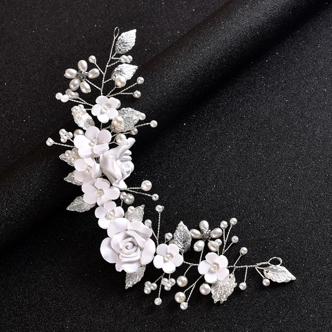 Vite Per Capelli Da Sposa Fatta A Mano Fiore In Argilla Perla Artificial Strass Foglia Di Lega Copricapo Da Sposa Per Spose