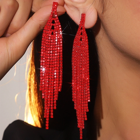 Eleganti Orecchini a Nappina Lunga con Strass Rossi per Donna Orecchini Pendenti Luccicanti con Perno in Acciaio Inossidabile Gioielli da Festa
