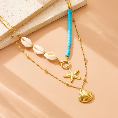 Collar De Capas Acero Inoxidable Oro Concha Cuentas Heishi Estrella De Mar Colgante Bohemio Playa Joyería Para Mujer