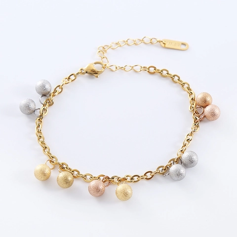 Pulsera Elegante Mujer Acero Inoxidable 316L Chapado Oro 18K Con Cuentas Arenadas Tricolores Cadena Ajustable Joyería Minimalista