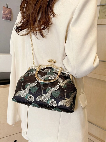 Vintage Chinese Stijl Geborduurde Handtas Kraanvogel Den Patroon Satijn Brokaat Kus-Sluiting Ketting Schoudertas Dames