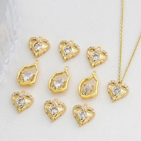 Retro Heart Shaped Jewelry Charms Copper Gold Plated Zircon Inlaid Angel Wings Pendants For DIY Necklace Earring Making