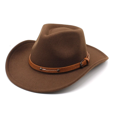 Vintage Western Cowboy Hat Cotton Polyester Felt Wide Brim With Leather Belt Rivets Jazz Fedora For Travel Performance