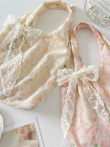 Floral Print Tote Bag Polyester Lace Embroidery Bow Knot Ribbon Shoulder Handbag Sweet Korean Style For Women
