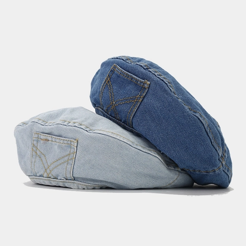Vintage Gewassen Denim Baret Voor Dames Met Zijzak Decor Contraststiksel Retro Schilder Artist Pet