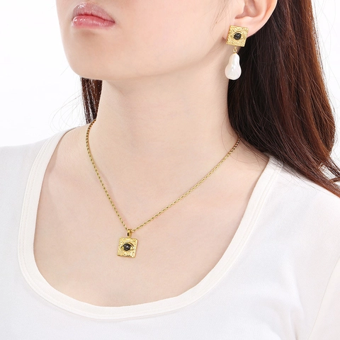 Collar Y Pendientes De Ojo Turco Joyería Acero Inoxidable Perla Barroca Artificial Estilo Francés Retro Accesorio De Moda Mujer