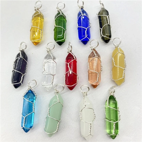 Zeshoekige Kristalpunt Hanger Natuursteen Draad Omwikkeld Genezing Kolom Voor Sieraden Maken DIY
