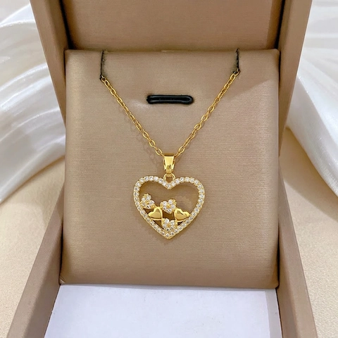 Heart Pendant Necklace For Women Titanium Steel Chain Copper Micro Pave Cubic Zirconia Hollow Elegant Jewelry Gift