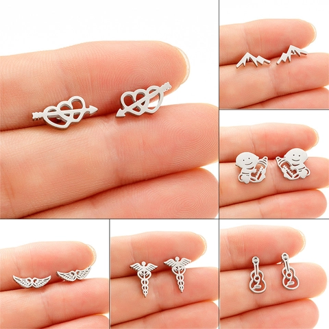 Stainless Steel Mini Stud Earrings Minimalist Geometric Wings Heart Mountain Guitar Music Medical Symbol Women Jewelry