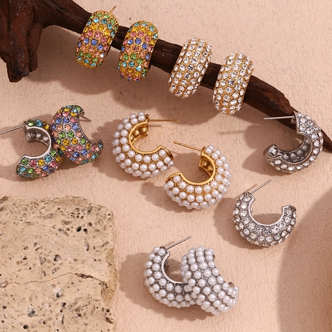 Créoles Épaisses En Forme De C En Acier Inoxydable Avec Plaquage Or 18K Strass Et Fausse Künstliche Perle Pour Femme