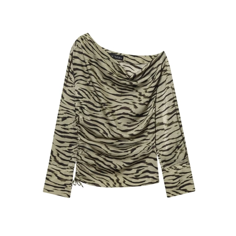Women One Shoulder Asymmetric Animal Print Blouse Polyester Satin Finish Ruched Side Long Sleeve Sexy Streetwear Top