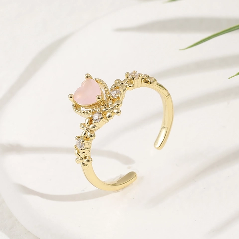 Pinkes Herz Verstellbarer Offener Ring Kupfer Mit Zirkon Vergoldet Süß Romantisch Mode Schmuck Für Frauen Mädchen