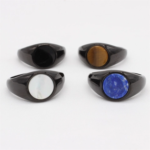 Anello Sigillo Rotondo Vintage Acciaio Inossidabile Con Occhio Di Tigre Lapislazzuli Madreperla Pietra Nera Gioielli