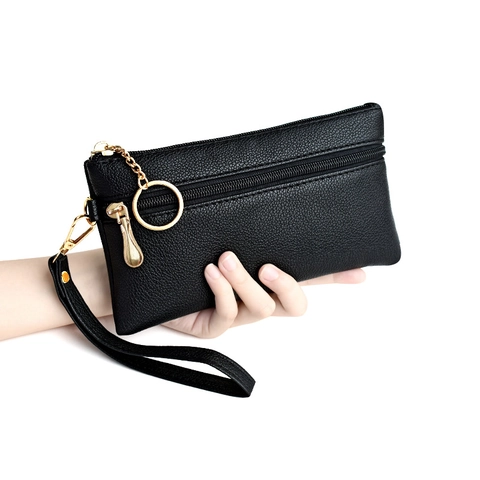 Bolso De Mano De Moda Para Mujer Patrón De Lychee Cuero PU Funda Para Teléfono Móvil Con Correa De Muñeca Y Llavero Dorado