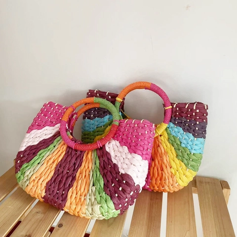 Colorful Woven Straw Handbag Rainbow Contrast Color Paper String Beach Purse Bohemia Style Summer Vacation Large Capacity For Women