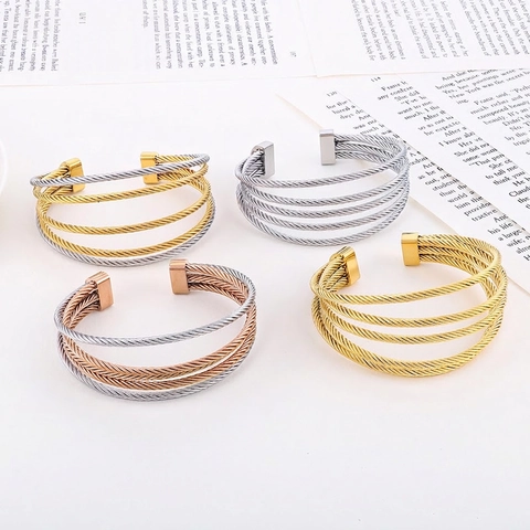 Stainless Steel Multi Layer Wire Cable Open Bangle Bracelet For Women Twisted Rope Minimalist Jewelry