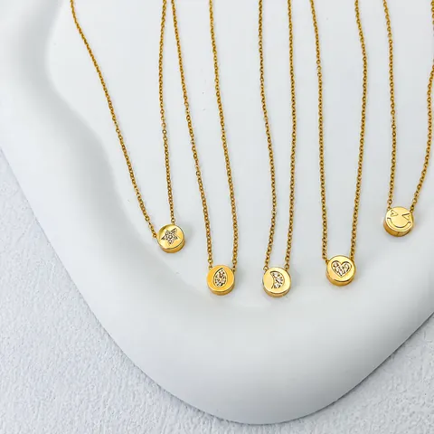 Collar con Colgante de Cara Sonriente de Acero Inoxidable Mujer Chapado en Oro Plata Strass Estrella Corazón Póker Joyería