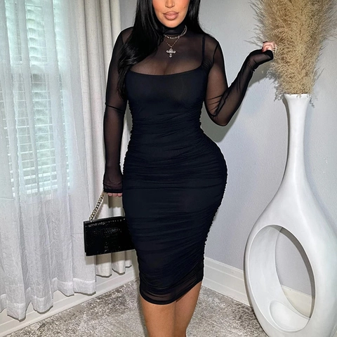 Damen Midi Kleid Zwei Teiler Set Gerafft Durchsichtig Stehkragen Langarm Figurbetont Party Club Sexy Elegant