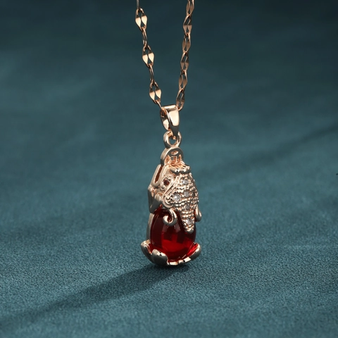PiXiu Pendant Necklace Rose Gold Titanium Steel Brass Red Gemstone Lucky Beast Rhinestone Korean Style Lip Chain For Women