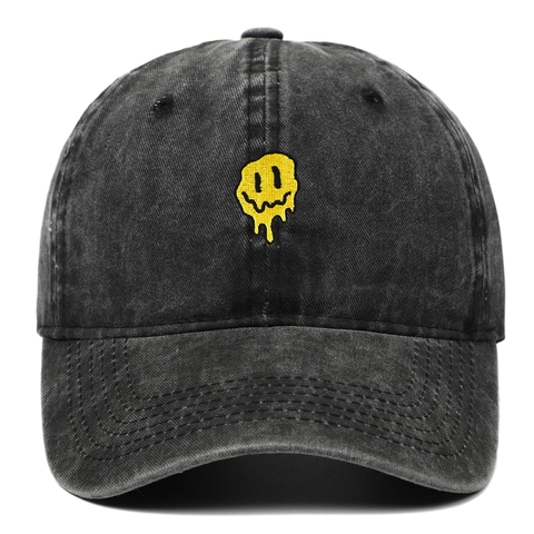 Washed Cotton Baseball Cap With Melting Smiley Face Embroidery Distressed Vintage Style Adjustable Outdoor Sun Hat