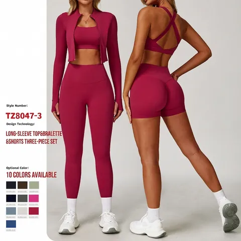 Abbigliamento Yoga In Poliammide Elastan Con Giacca Collo Alto Reggiseno Sportivo E Leggings A Vita Alta Per Donna