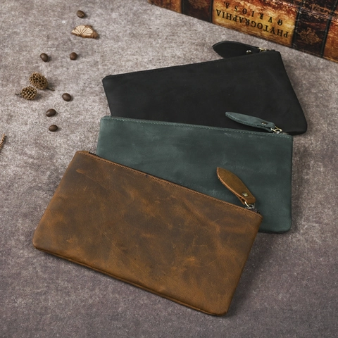 Echtleder Geldbörse Lang Für Herren Retro Crazy Horse Rindsleder Reißverschluss Clutch Handytasche Schlank Minimalistisch