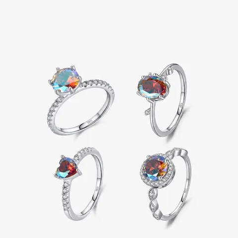 Bague En Argent Sterling 925 Avec Zircon Arc-En-Ciel Bijoux De Doigt Mode Forme De Coeur Élégant Pour Femmes