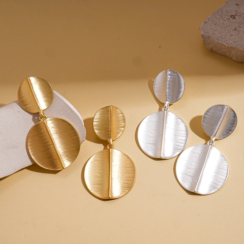 Geometric Round Dangle Earrings Alloy Brushed Metal With 925 Sterling Silver Earring Post Retro Minimalist Style For Women