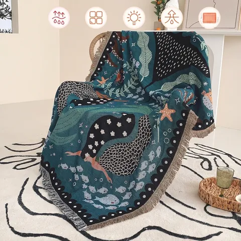 Coperta Intrecciata Sirena Cotone Jacquard Maglia Boho Tema Oceano Con Nappine Per Divano Picnic Campeggio Appeso A Parete