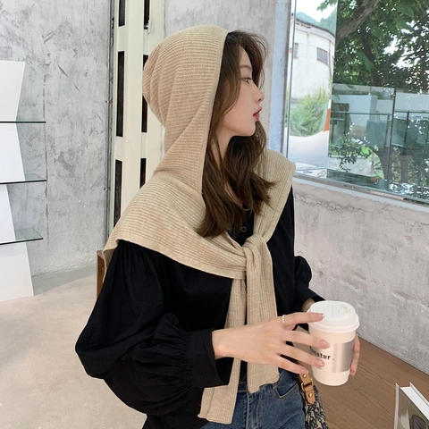 Bufanda con Capucha de Punto de Moda para Mujer Larga Cálida Gruesa de Canalé Chal de Invierno Envolvente Color Sólido Calentador de Cuello