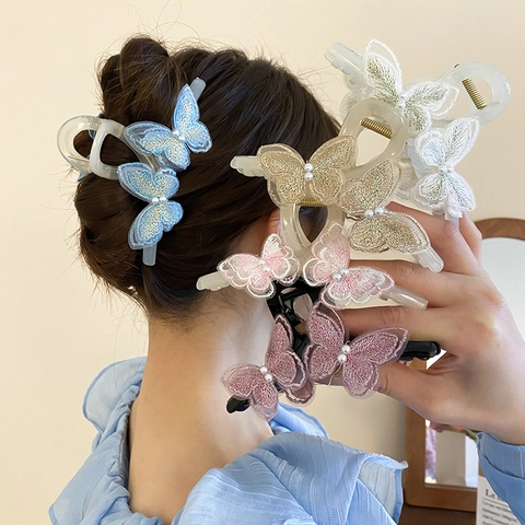 Pinces À Cheveux Papillon Broderie Künstliche Perle Dentelle Doux Vintage Accessoires Cheveux Pour Femmes