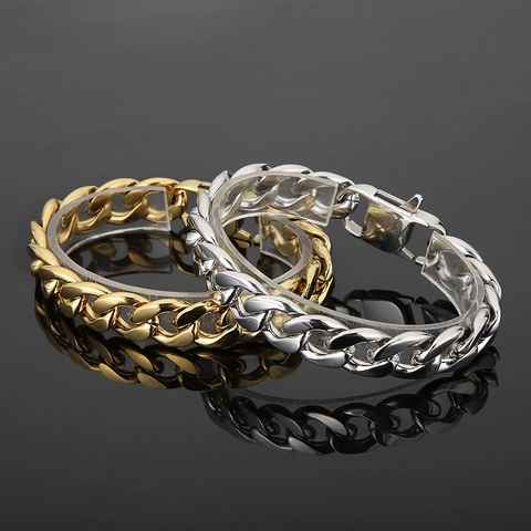 Cuban Link Chain Necklace Bracelet Titanium Steel Gold Plated Heavy Chunky Hip Hop Style For Men