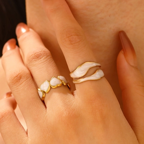 Enamel Stainless Steel Open Rings Heart Geometric Wave Pattern Adjustable French Style Chic Jewelry For Women