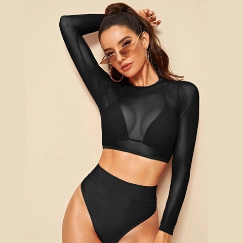 Bikini Para Mujer Top De Malla De Manga Larga Y Parte Inferior De Cintura Alta Acolchado Color Sólido Traje De Baño Sexy