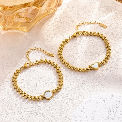 Bracciale in Acciaio Inossidabile Placcato Oro con Pendente a Cuore Tondo in Madreperla Catena di Grano Gioielli Donna
