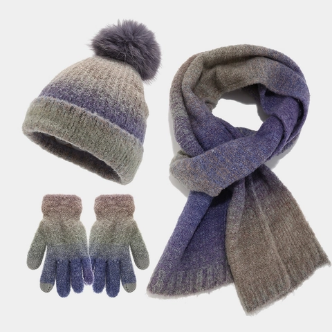 Cappello Sciarpa E Guanti In Maglia Invernale Sfumato Tie Dye Acrilico Termico Caldo Polpastrelli Touch Screen Decorazione Pom Pon