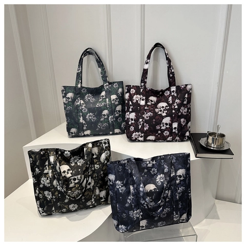 Women Gothic Skull Floral Print Tote Bag Large Capacity Polyester Shoulder Bag Retro Streetwear Zipper Handbag Shopping