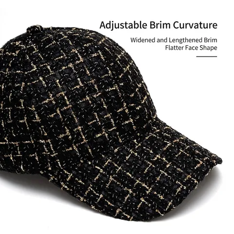 Elegante Cappello Da Baseball In Tweed Per Donne Moda Plaid Filo Dorato Berretto Regolabile Autunno Inverno
