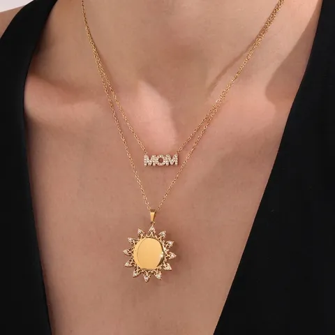 MOM Letter Necklace Sunflower Sunburst Pendant Zircon Stainless Steel 18K Gold Plated Jewelry For Women Gift