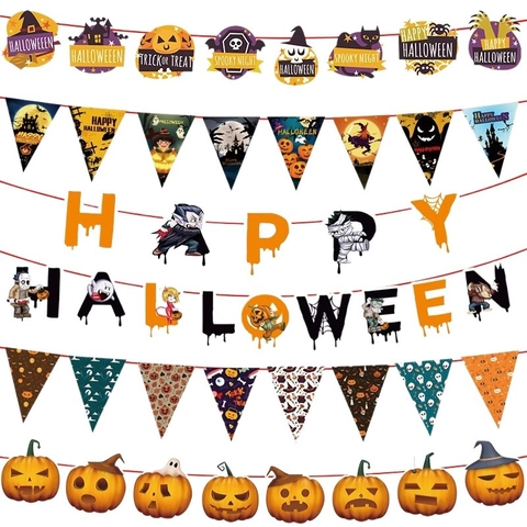Halloween Hanging Banner Garland Paper Pumpkin Ghost Cartoon Party Decor Spooky Happy Halloween Lettering Home Decoration